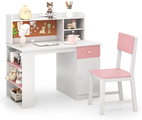 Kids Study Desk & Chair Set Pink White – Storage Shelves, Drawer, Cork Board