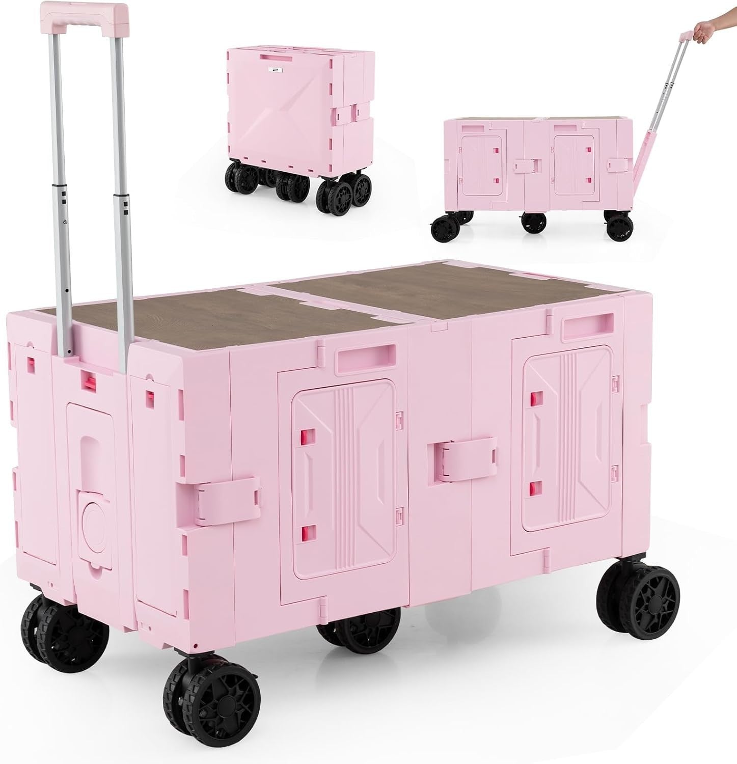 150L Folding Shopping Trolley Wagon Cart 5 Wheels Telescoping Handle Pink
