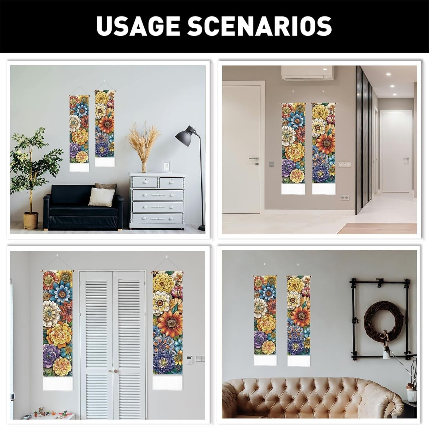 Luxury Boho Floral Wall Tapestry Set With Tassels 52x13 Inch