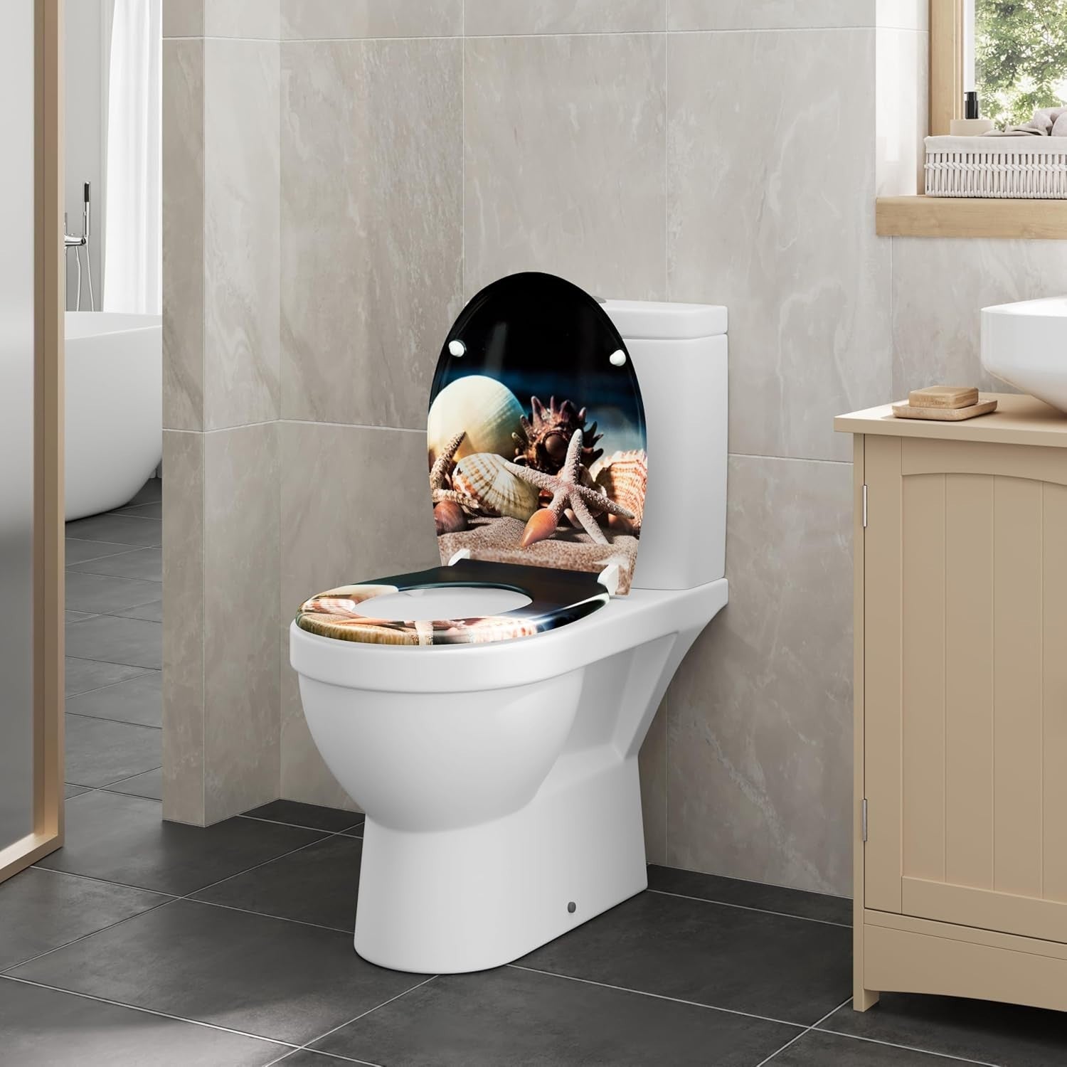 O-Shaped Toilet Seat Soft Close Quick Release Duroplast Sea Pattern Top Bottom
