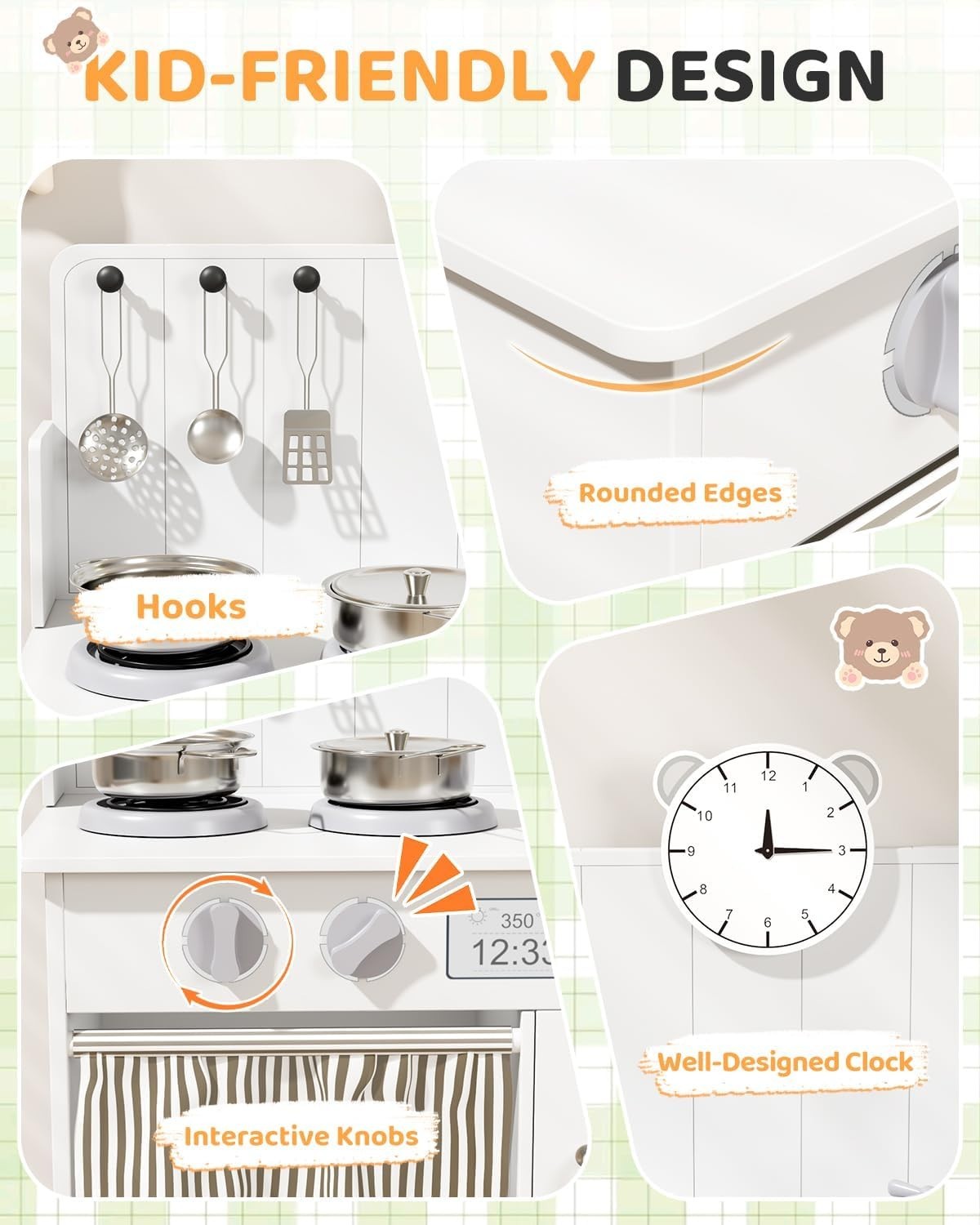 Wooden Kids Play Kitchen White Cooker Sink Toy Set w Storage & Clock