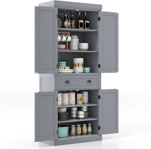Grey Tall Kitchen Cupboard 183cm Pantry Storage Cabinet Drawer Shelves