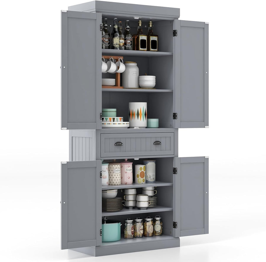 Grey Tall Kitchen Cupboard 183cm Pantry Storage Cabinet Drawer Shelves