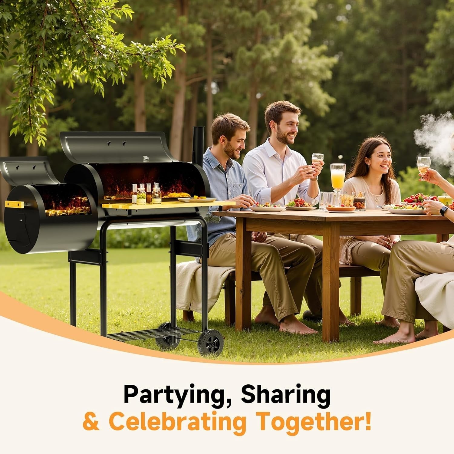 Barrel Charcoal BBQ Grill with Offset Smoker & Thermometer – 2-in-1 Outdoor