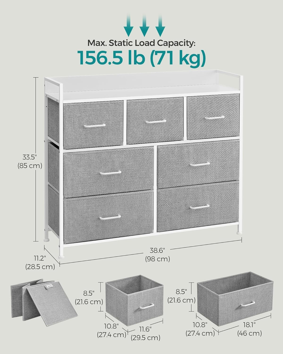 7 Drawer Chest Dove Grey White Fabric Storage Cabinet Bedroom Dresser