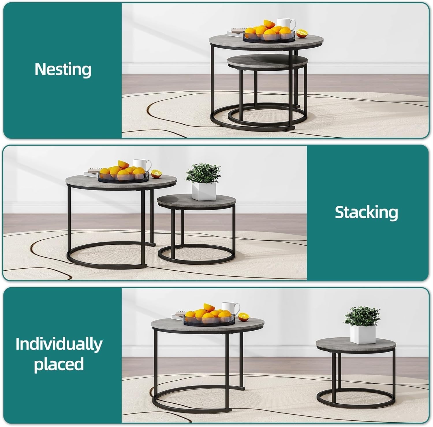 Round Nesting Coffee Table Set of 2 Modern Space-Saving Side Tables with Storage