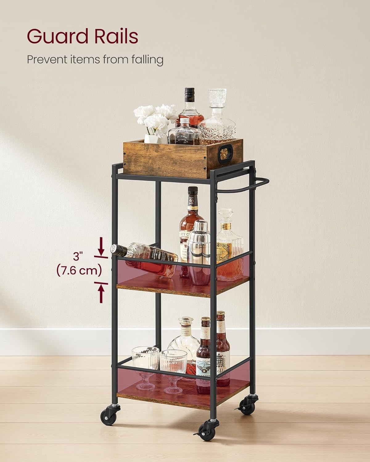 Slim Kitchen Serving Cart on Wheels 3 Tier Utility Trolley with Removable Tray