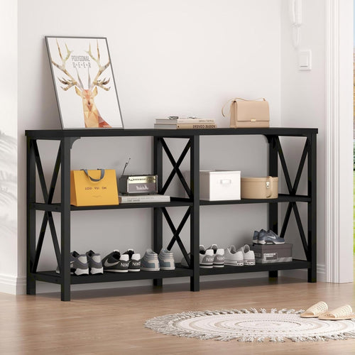Black Oak Console Table 55” 3-Tier Shelf Metal Frame Entryway Storage