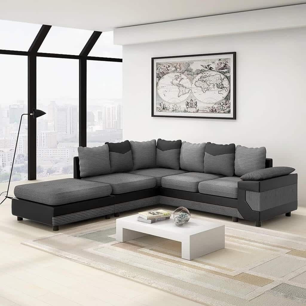 4 Seater L-Shaped Corner Sofa with Footstool Black & Grey Leather Jumbo Cord LH