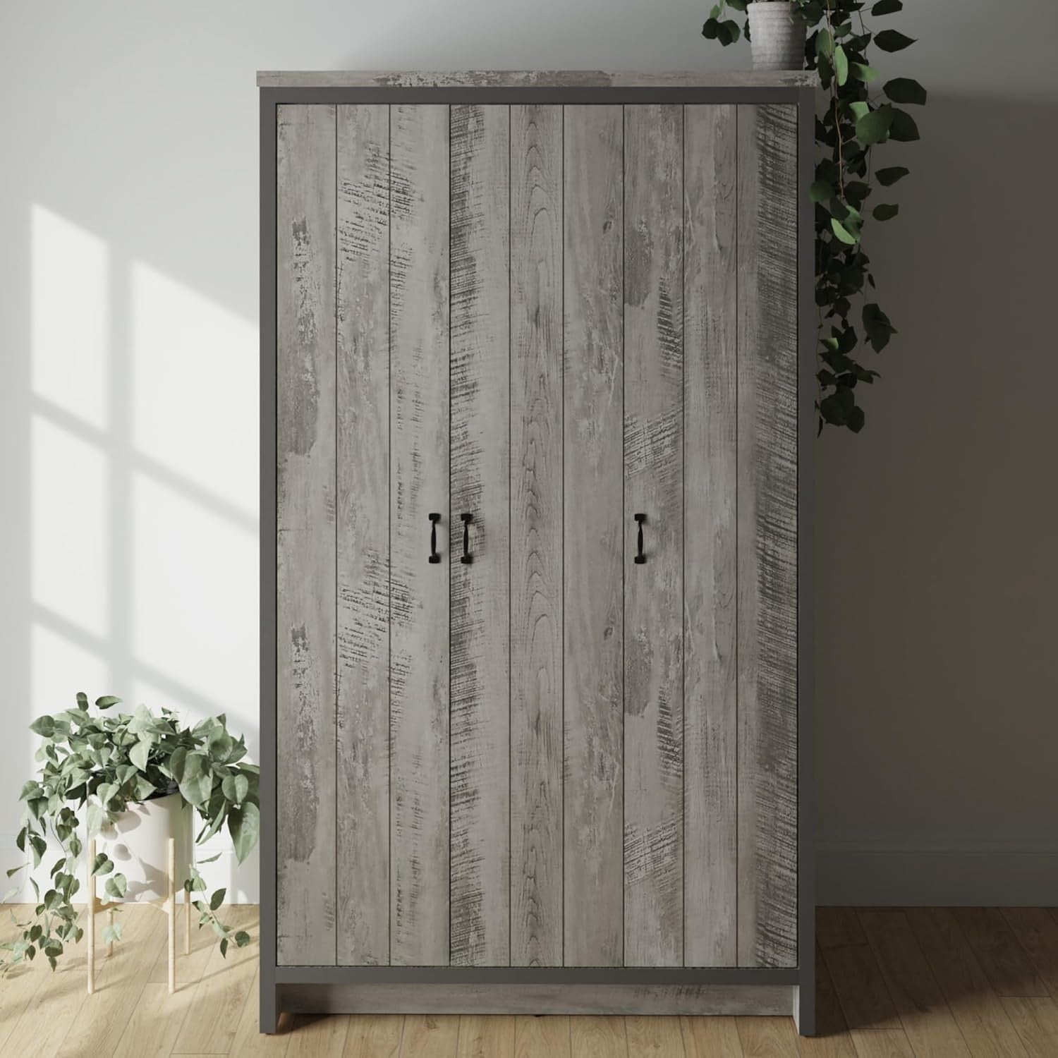 3 Door Grey Wardrobe Hanging Rail Shelves Bedroom Storage Cupboard