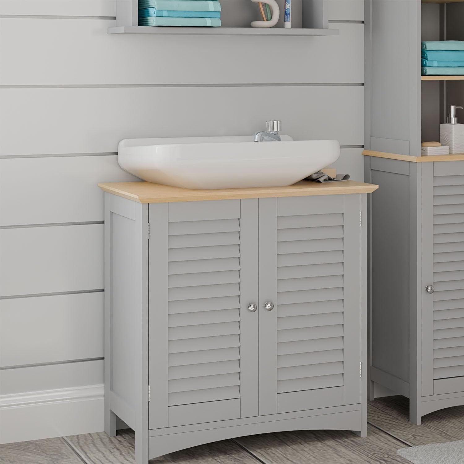 Grey Under Sink Bathroom Cabinet w/ Oak Top | 60cm Cupboard, Shutter Doors