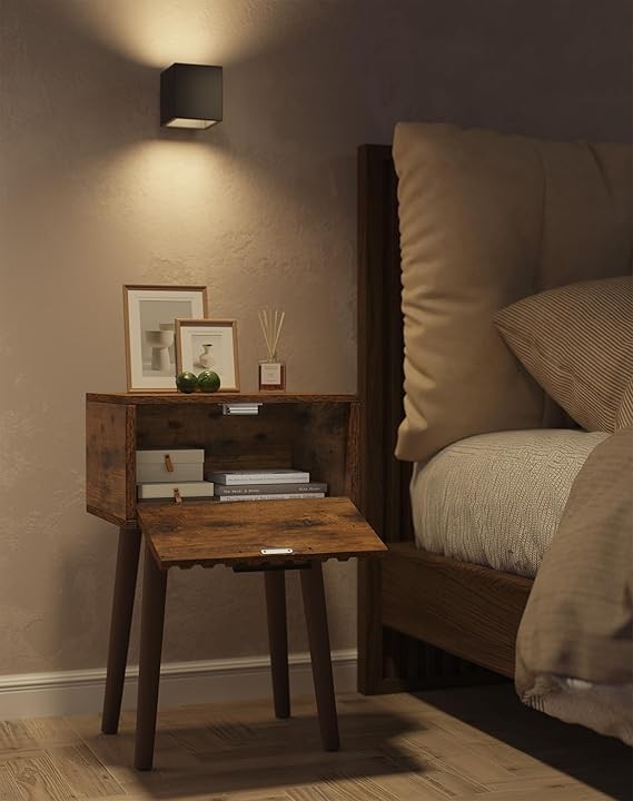 Rustic Brown Fluted Bedside Tables Set of 2, Small End Tables with Drawer & Wood