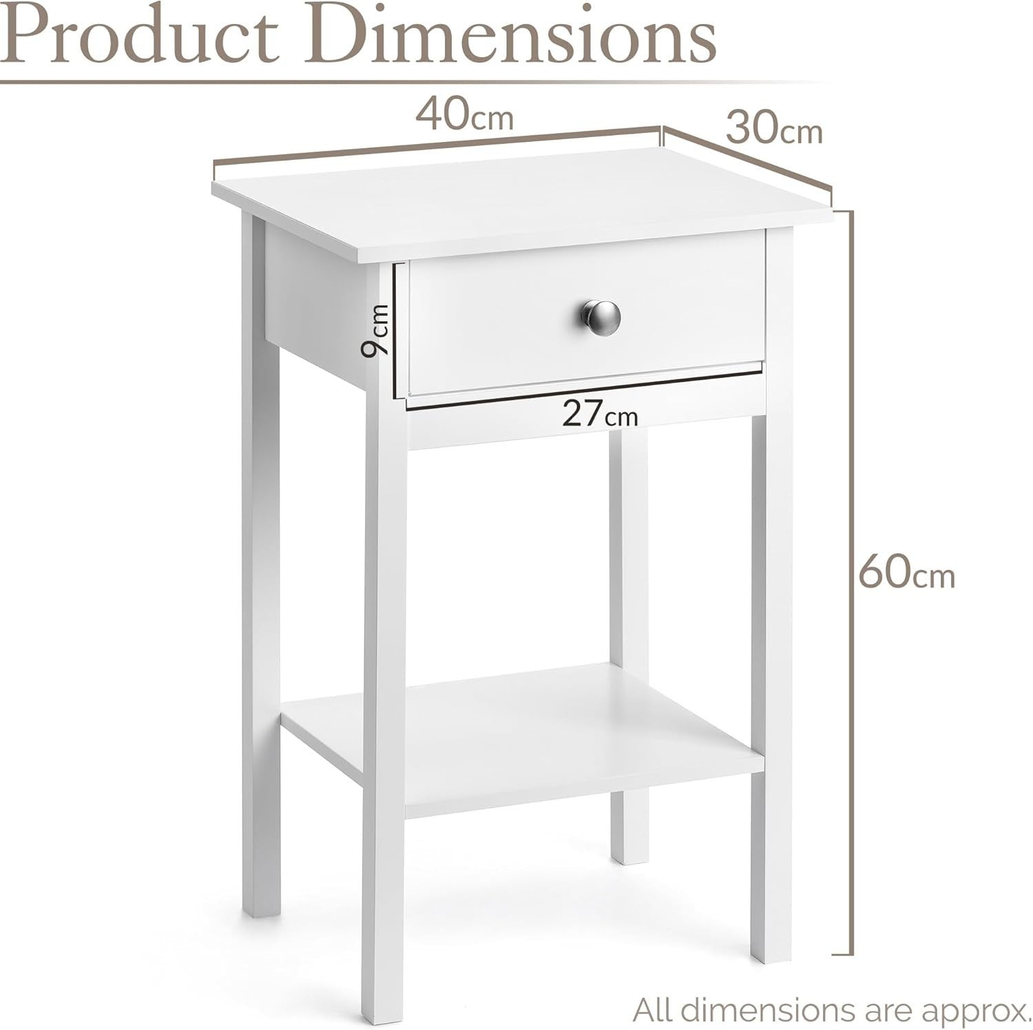 Set of 2 White Bedside Tables with Drawer & Shelf, Wooden Nightstands 60x40x30cm