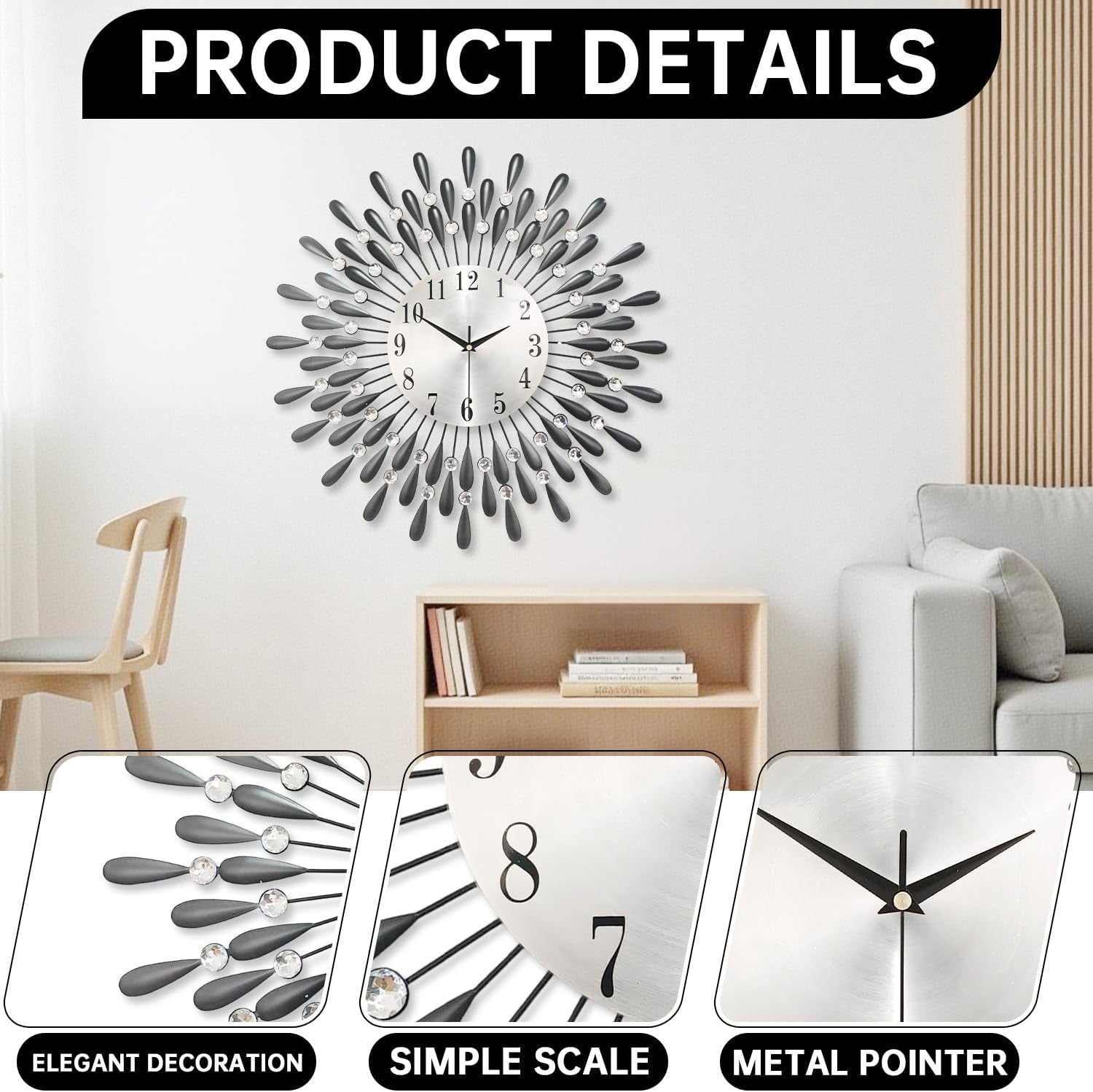 50.8cm Large Diamond Wall Clock – Silent Modern Sunburst Design Black
