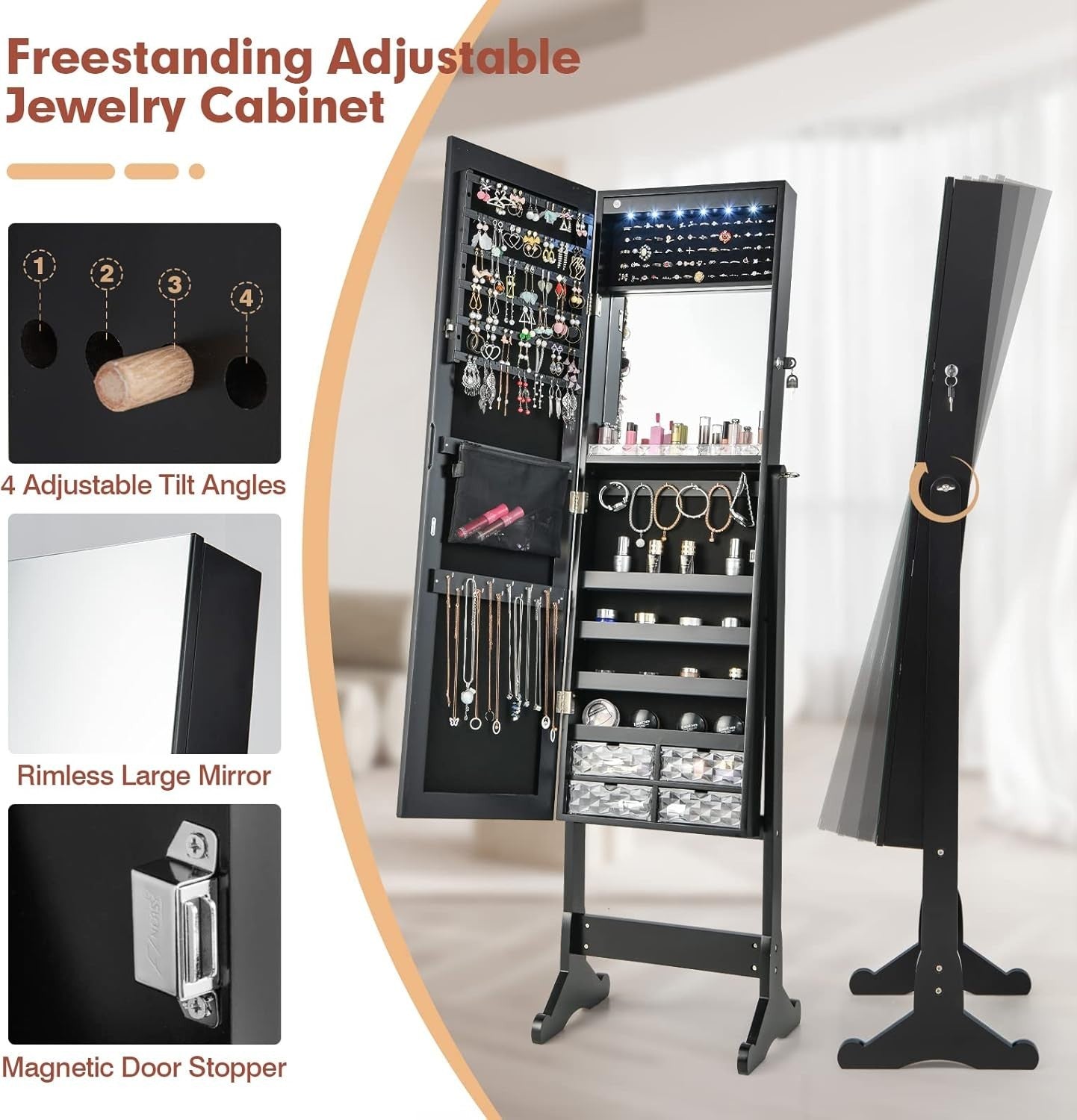Lockable Standing Jewelry Armoire Mirror LED Lights Adjustable Angle Storage