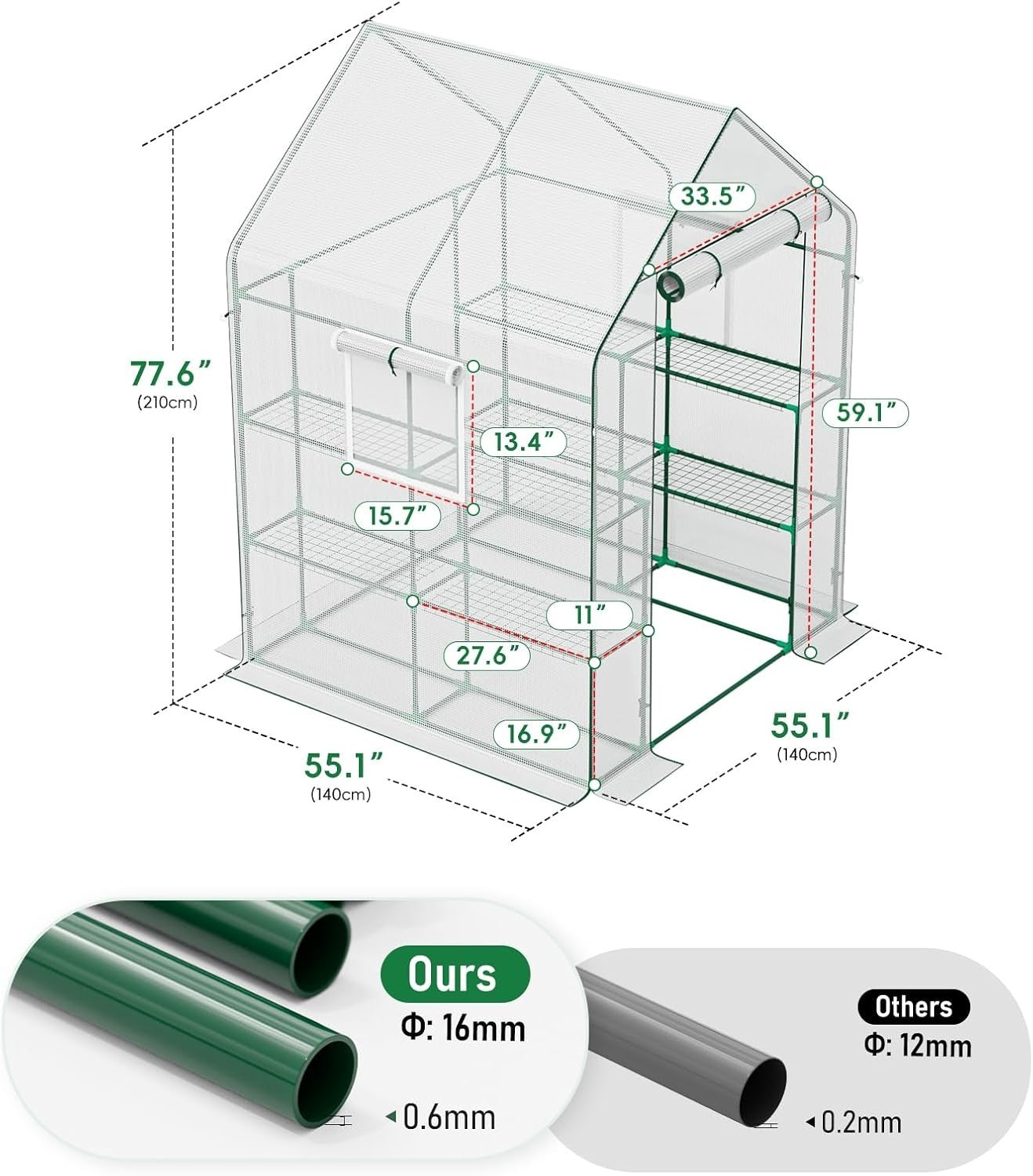 Heavy Duty Walk-In Greenhouse 2 Tier | Thicken PE Cover & Steel Frame | 57×57×77