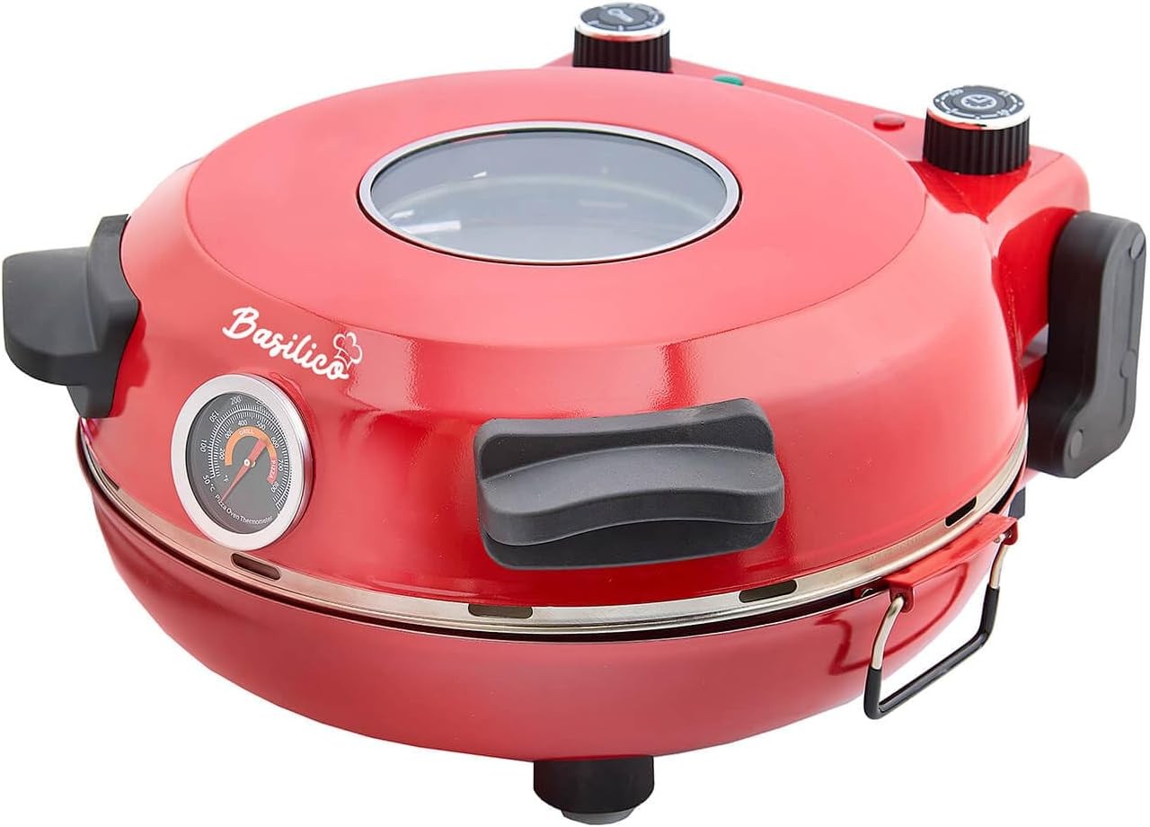 Stone-Baked Electric Pizza Oven Dual Heating 400°C Viewing Window Red