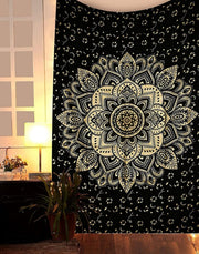 Black Gold Mandala Tapestry 52x60in Boho Wall Hanging Cotton