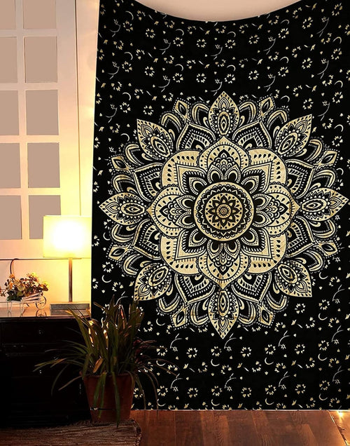 Black Gold Mandala Tapestry 52x60in Boho Wall Hanging Cotton