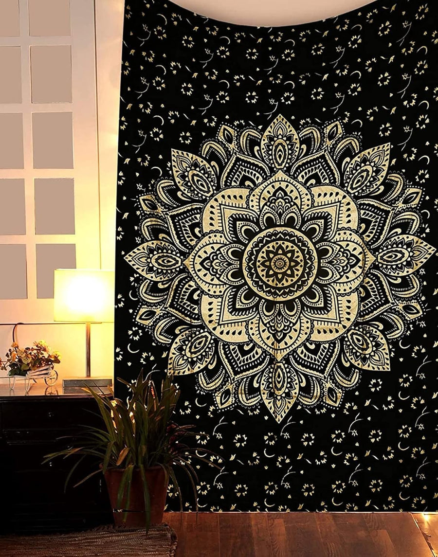 Black Gold Mandala Tapestry 52x60in Boho Wall Hanging Cotton