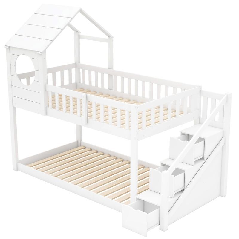 Kids White Wooden Bunk Bed with Storage Ladder 3FT Playhouse Cabin Bed Frame