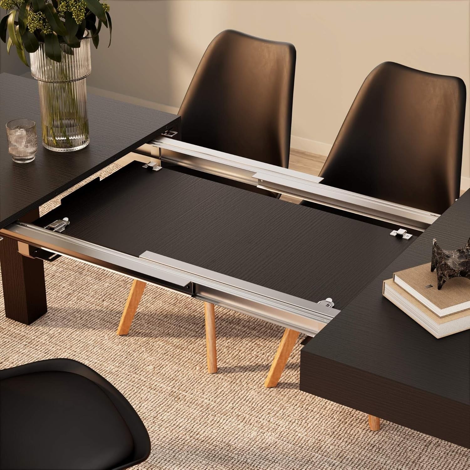 Extendable Black Dining Table 8 Seater Wood Modern Space-Saving 120-200cm