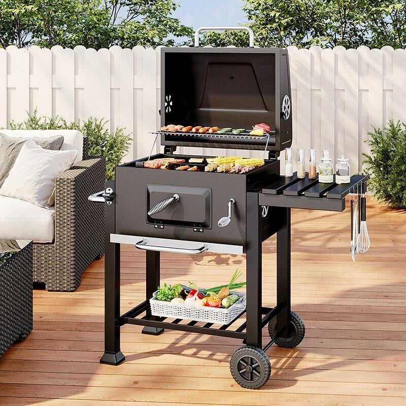 Outdoor Charcoal BBQ Grill with Wheels, Thermometer & Side Racks – 113cm