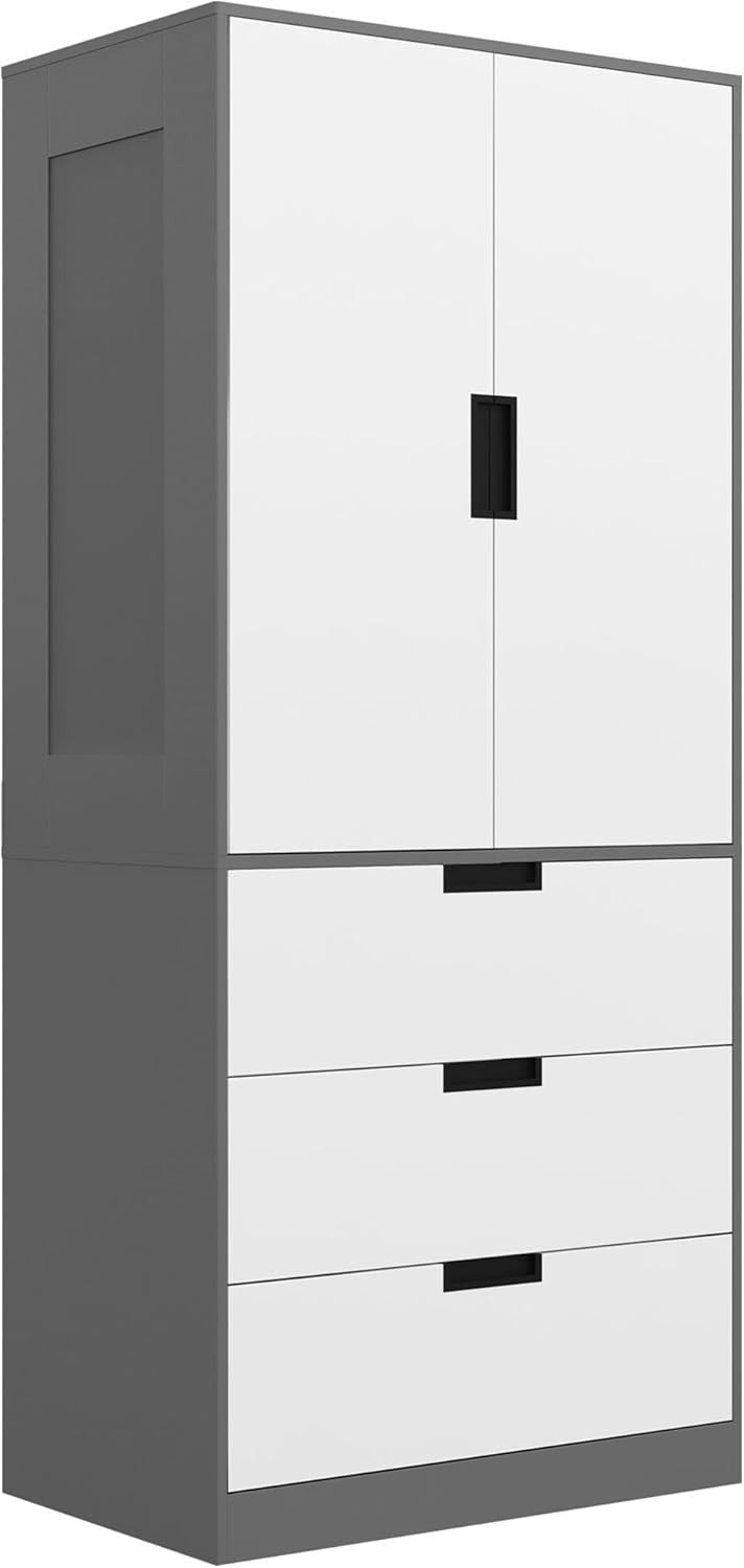 Modern 2 Door Wardrobe with 3 Drawers & Hanging Rod – Scratch Resistant