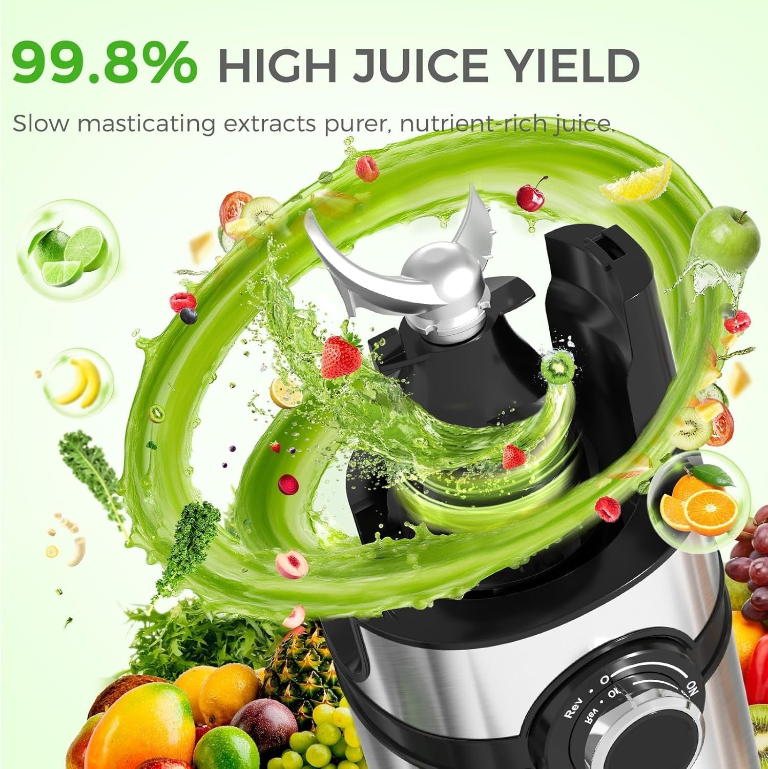 Cold Press Juicer 5in Wide Feed Chute Whole Fruit High Yield Easy Clean