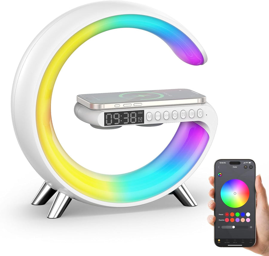 White RGB G-Shape Sunrise Wake Up Light Alarm Bluetooth Speaker Wireless Charger