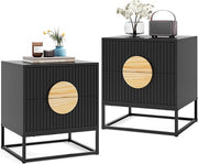 Set of 2 Black Modern Bedside Tables – Dual Drawers Metal Frame Wood Accent