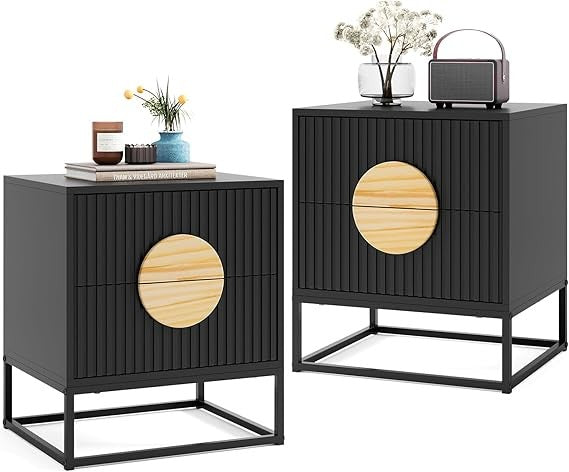 Set of 2 Black Modern Bedside Tables – Dual Drawers Metal Frame Wood Accent