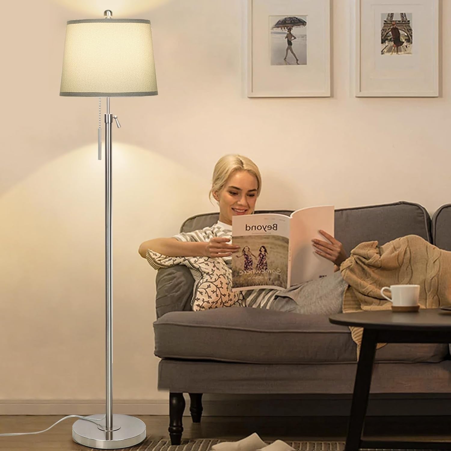 Adjustable Floor Lamp Silver Height Adjustable 3 Colour LED Standing Light