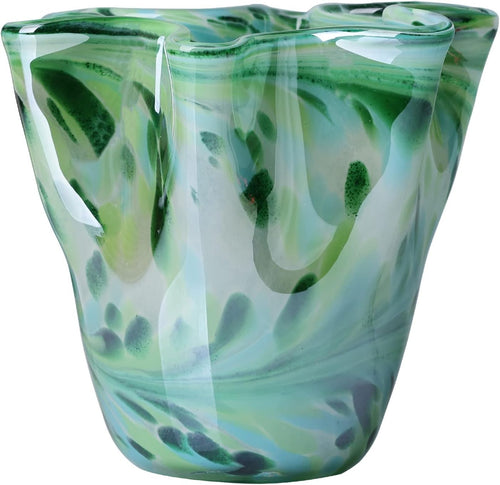Hand Blown Teal Glass Vase Modern Irregular Wide Mouth Art Home Decor