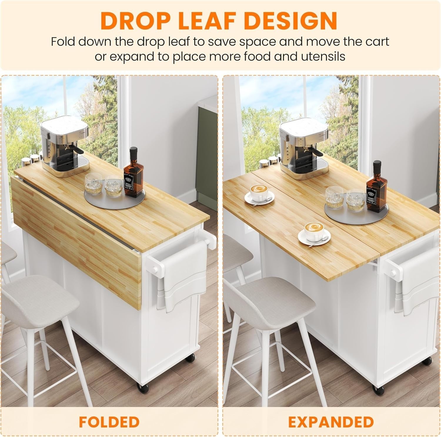 Kitchen Island Cart Drop-Leaf Bar Table Storage Cabinet Drawers on Wheels White