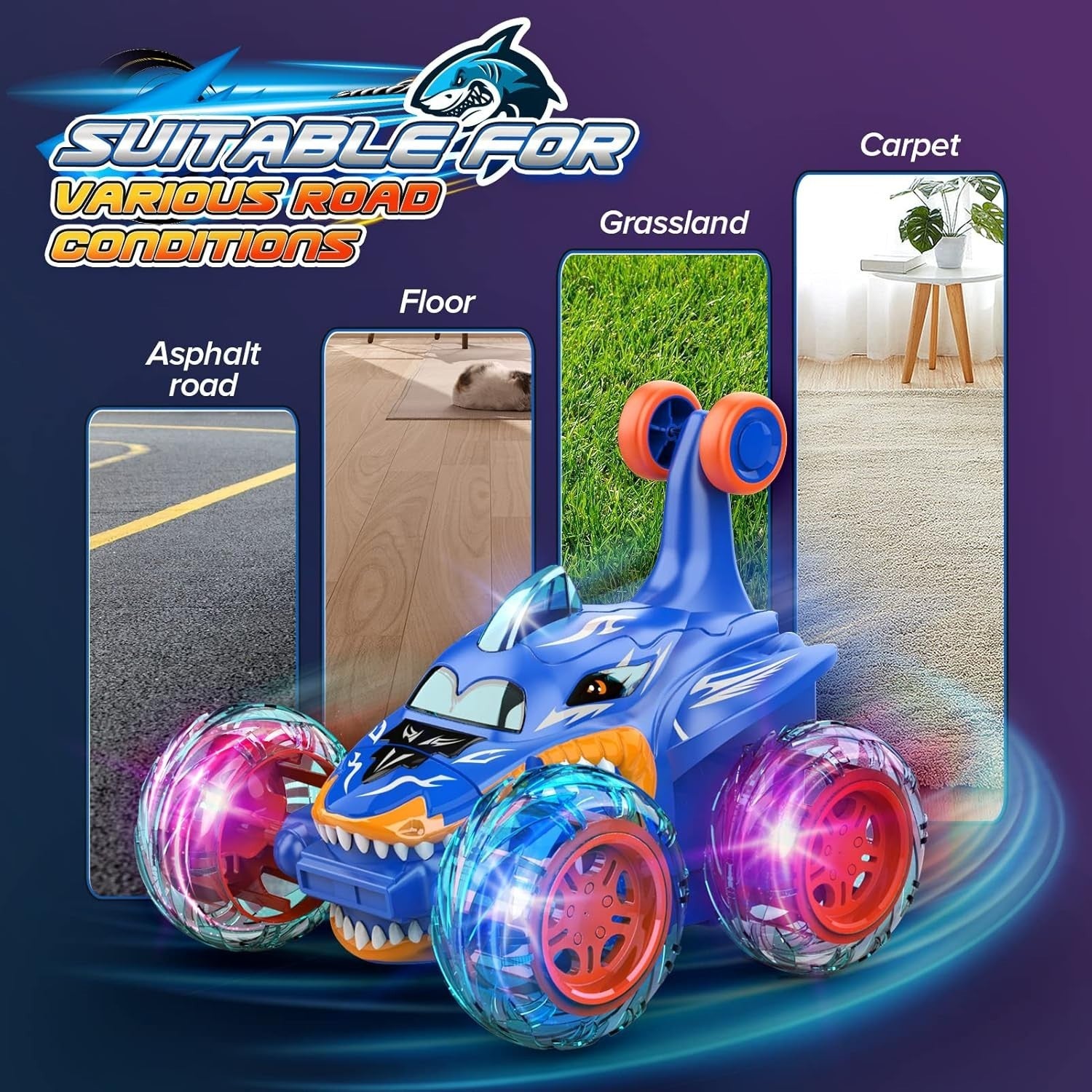 RC Shark Car for Kids 3-8, 360° Flip LED Light Remote Control Stunt Toy Gift
