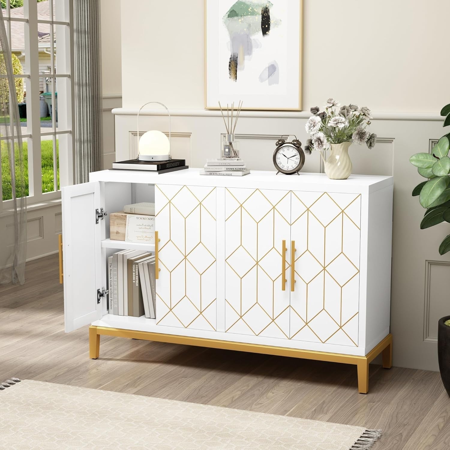 White Sideboard Cabinet 4 Door Gold Trim Storage Unit for Hallway Room