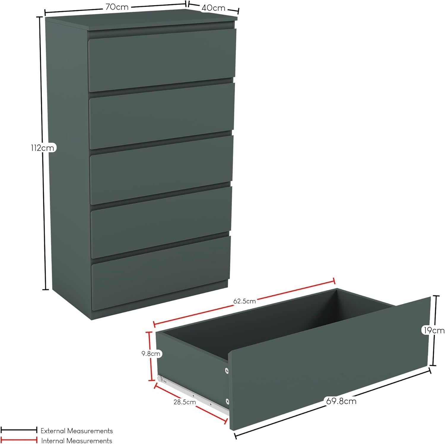 5 Drawer Modern Wooden Chest Storage Unit - Bedroom Organizer, Easy Assembly