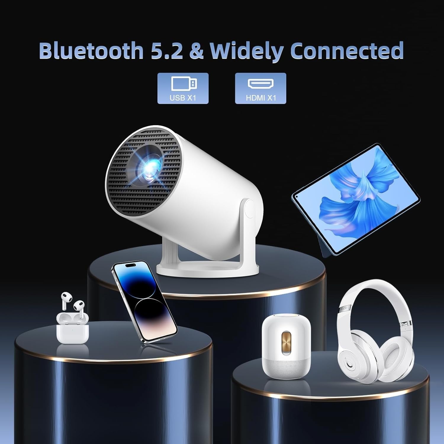 Smart Mini Projector WiFi 6 Bluetooth Auto Keystone Short Throw 150"