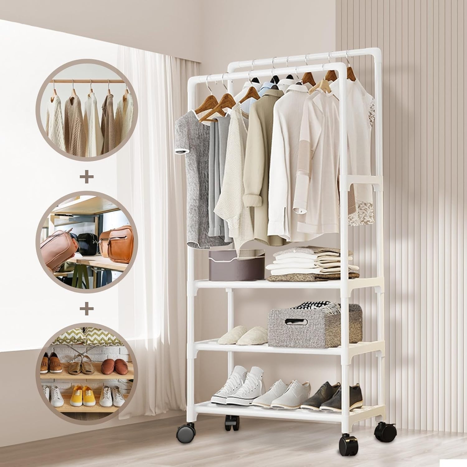 White Metal Double Clothes Rail with Wheels & Shoe Rack
