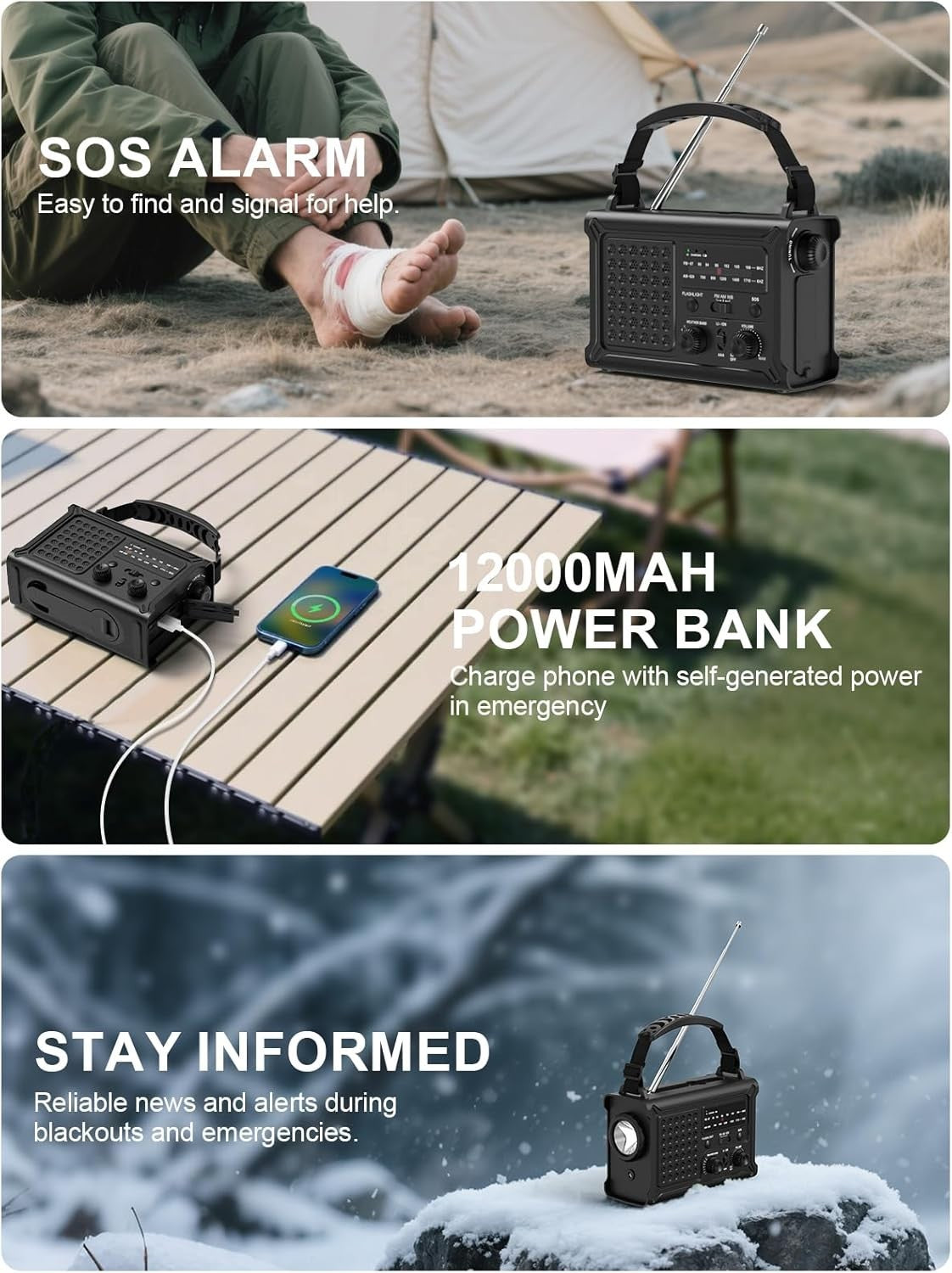 Emergency Wind-Up Solar Radio FM/AM 12000mAh SOS Alarm Torch