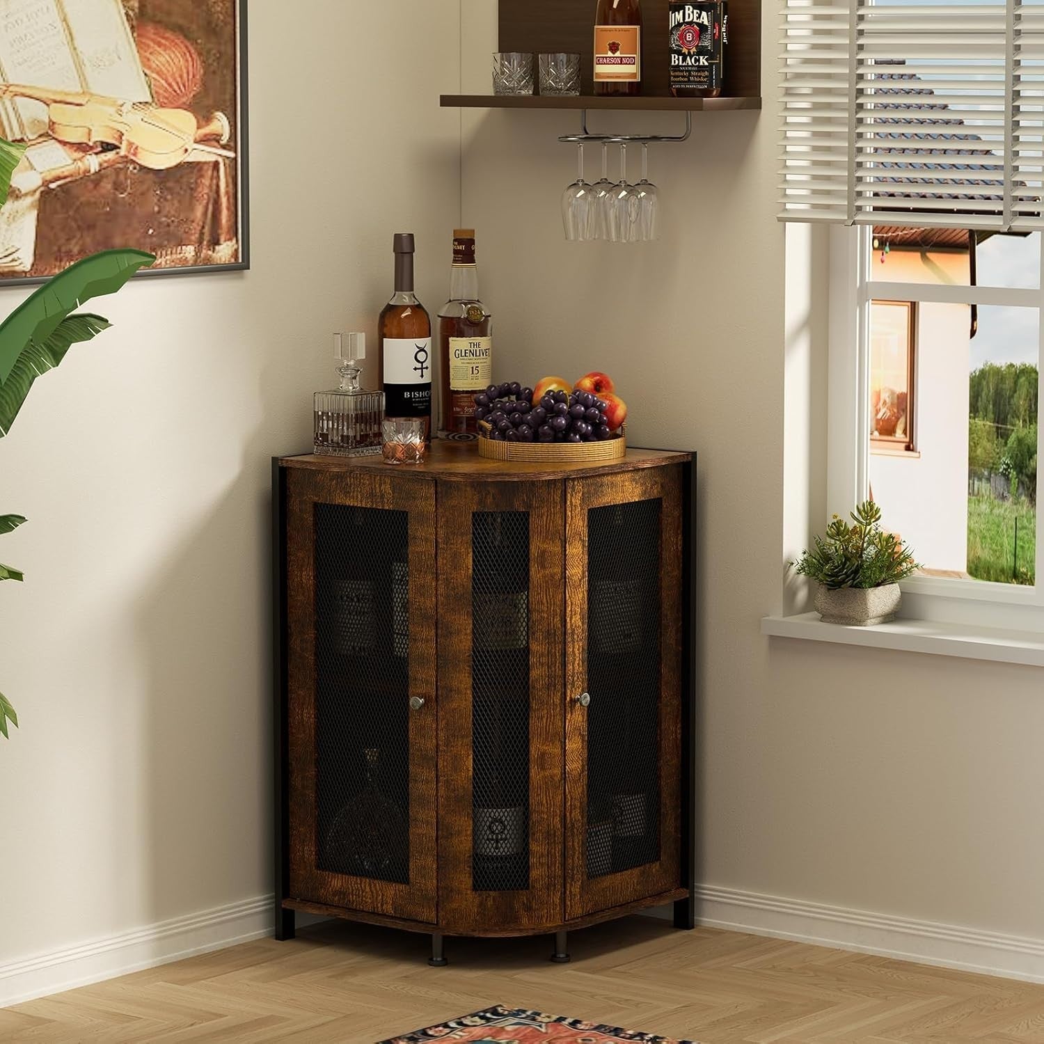 Industrial Corner Wine Cabinet with Storage Shelves, 3-Tier Bar Unit, Rustic