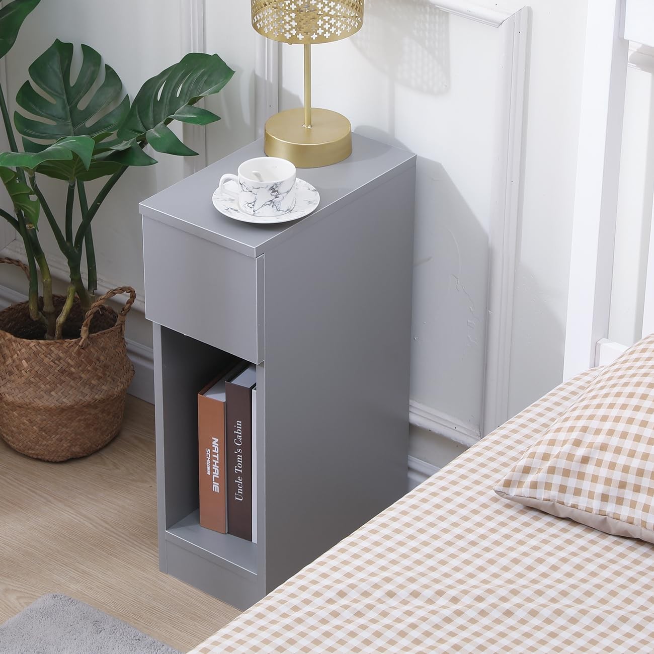 Slim Grey Bedside Table with Drawer & Shelf Narrow Nightstand Small Storage