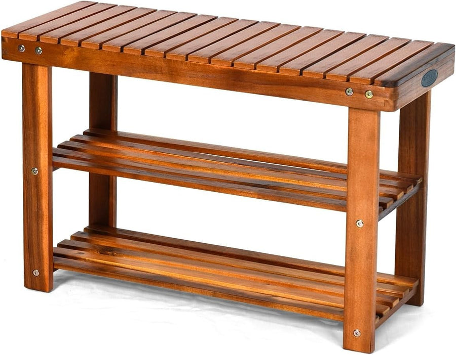 3-Tier Acacia Wood Shoe Rack Bench Wide Storage Seat for Hallway Entryway