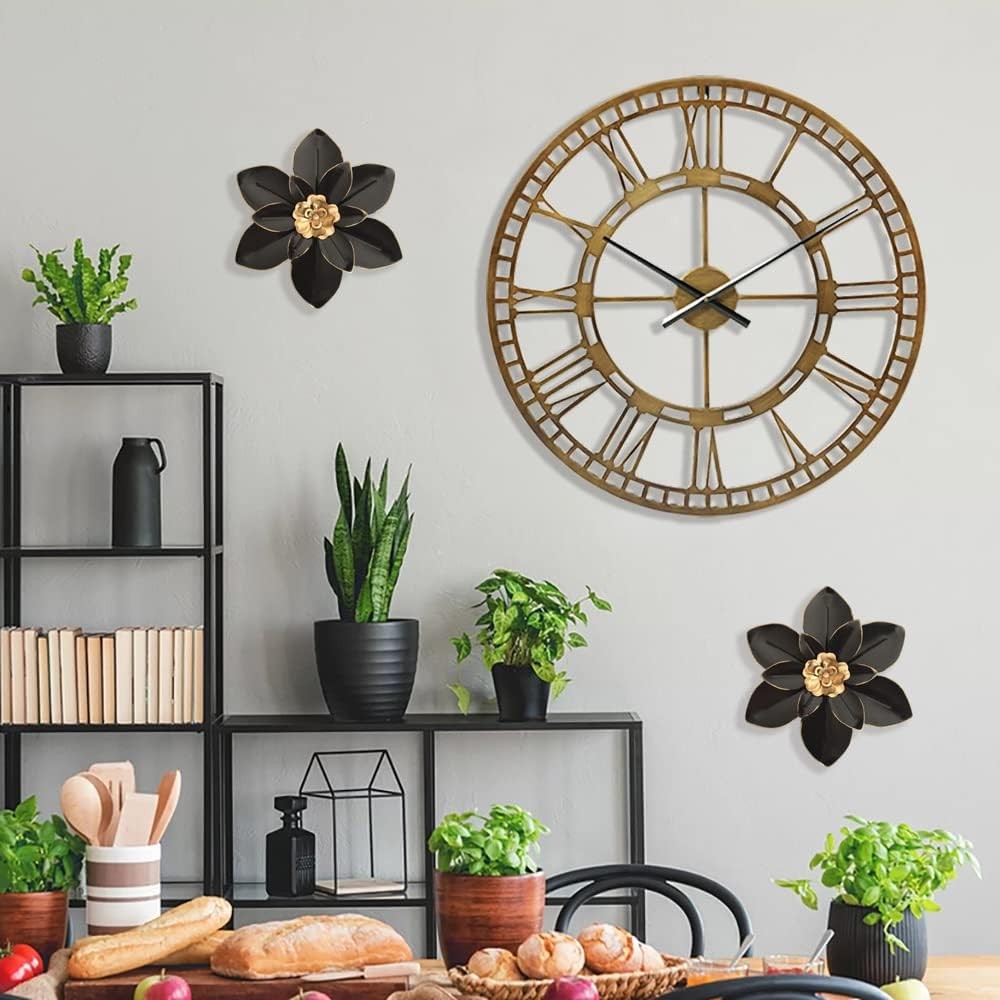 Metal Flower Wall Art 10in Rustic Black Gold Floral Decor