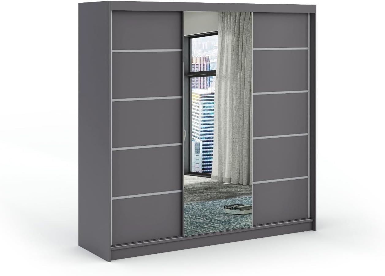 Modern Grey Sliding Door Wardrobe with Mirror & 8 Drawers – Large Storage