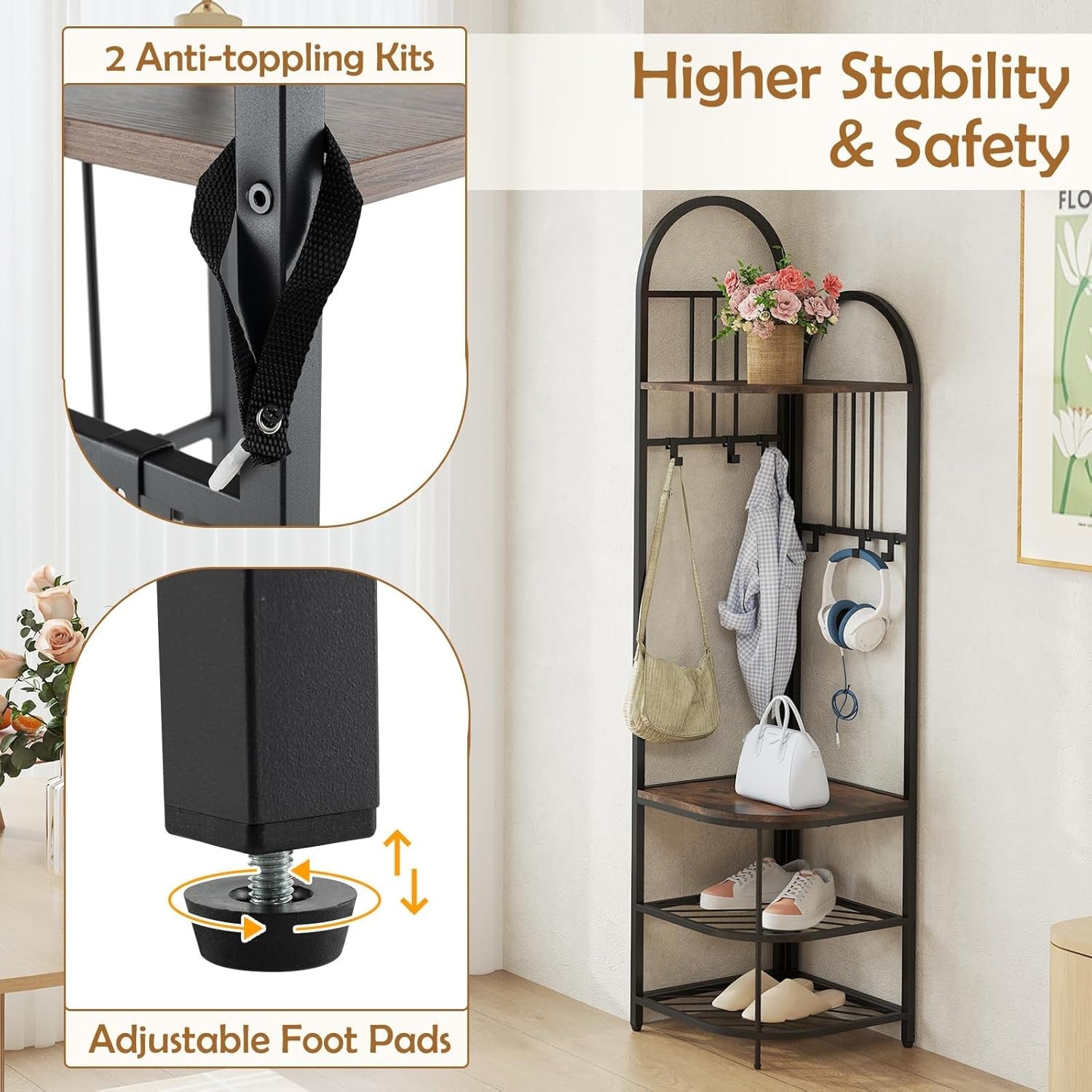 Rustic Brown Black Corner Coat Rack 4-Tier Hall Tree with Shoe Bench & Hooks