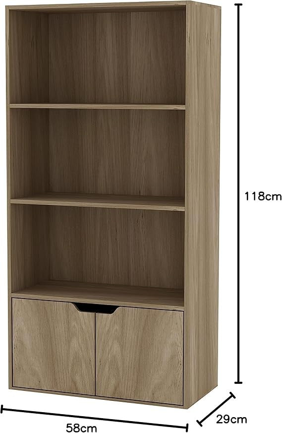 Modern Oak 4-Tier Wide Bookcase with Storage Cupboard – Wooden Shelf Unit