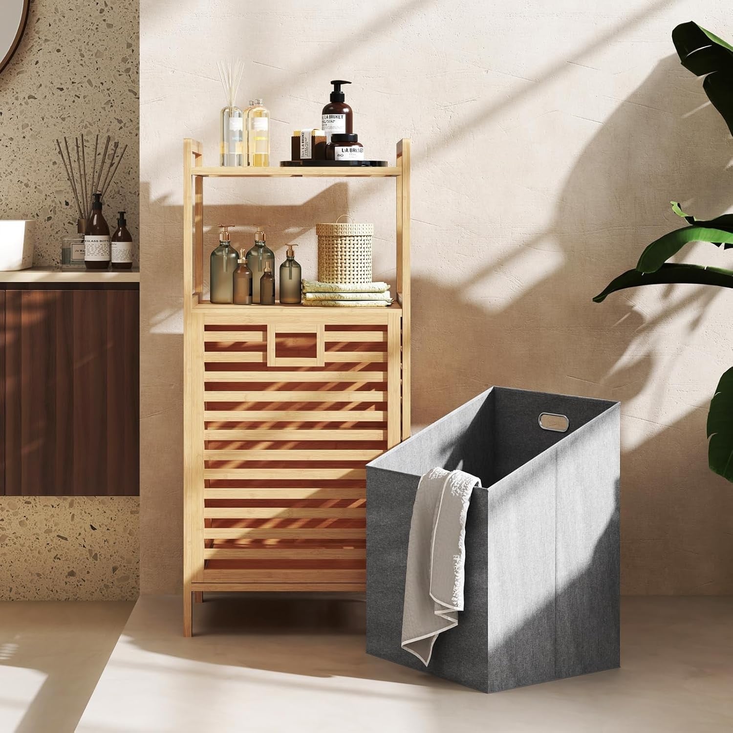 Bamboo Laundry Hamper Cabinet Tilt Out Storage Shelf with Removable Bag