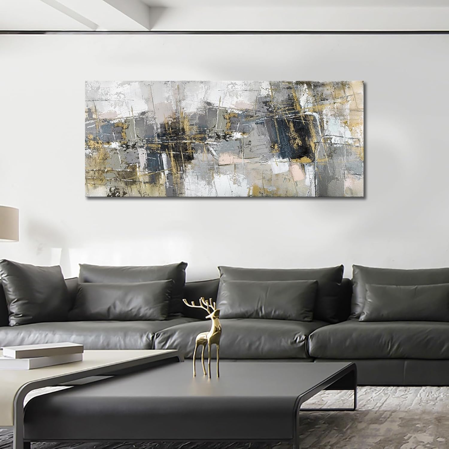 Large Grey Abstract Canvas Wall Art 20x48" Modern Framed Decor